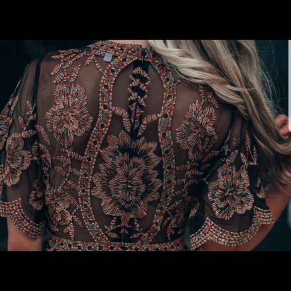 Sexy boho black multi deep v-neck floral lace embroidered maxi romper dress - Picture 6 of 6